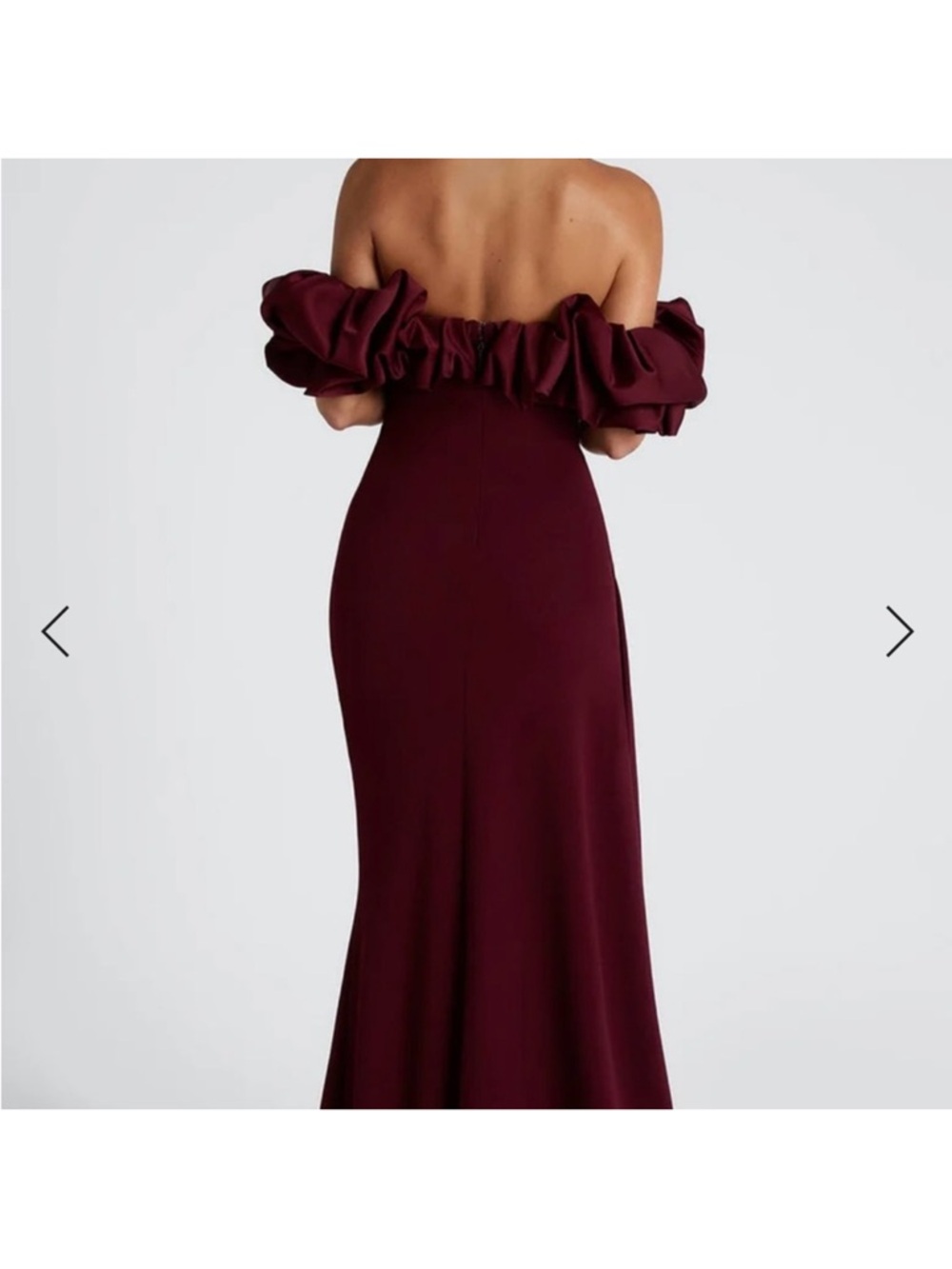 Strapless Ruffled Burgundy Evening Dress with High Slit - Picture 2 of 4